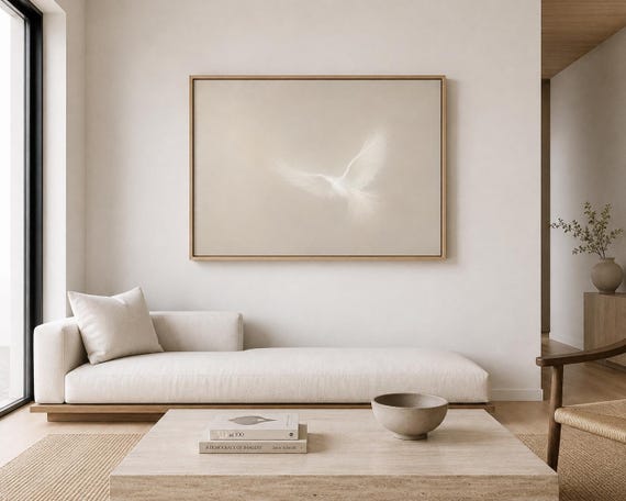 Dove in Flight Wall Art | Soft Glow on Warm Neutral – Framed Canvas Print