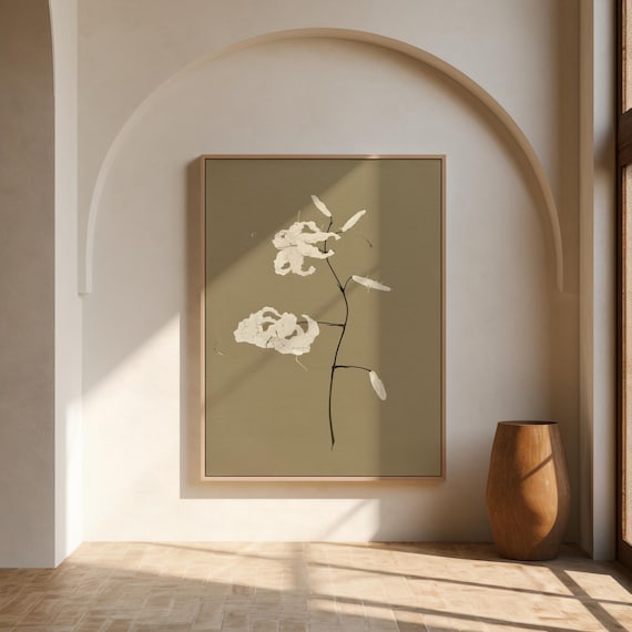 White Botanical Wall Art | Floral Stem on Warm Taupe – Canvas & Framed Canvas Print