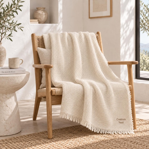 Personalized Cotton Waffle Throw Blanket | Custom Embroidered Name, Neutral Bed Throw