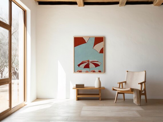 Colorful Beach Umbrellas Illustration, Summer Coastal Wall Art (Digital Download)