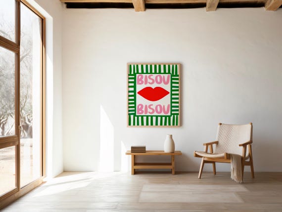 Bisou Bisou Pop Art Print: French Retro Lips Poster (Unframed)