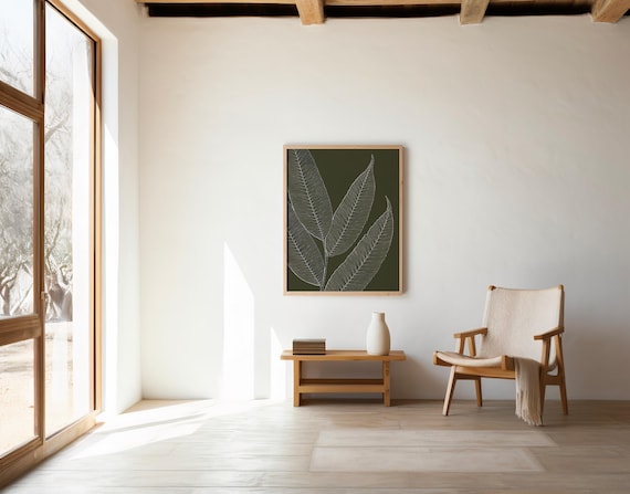 Minimalist Leaf Line Art · Olive Green Botanical Digital Download