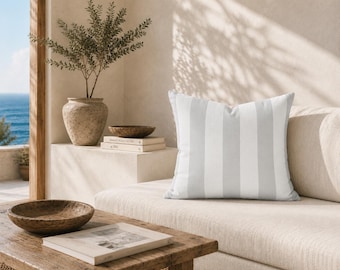 Gray and White Stripe Outdoor Pillow | Classic Cabana Pattern – UV Resistant Patio Cushion