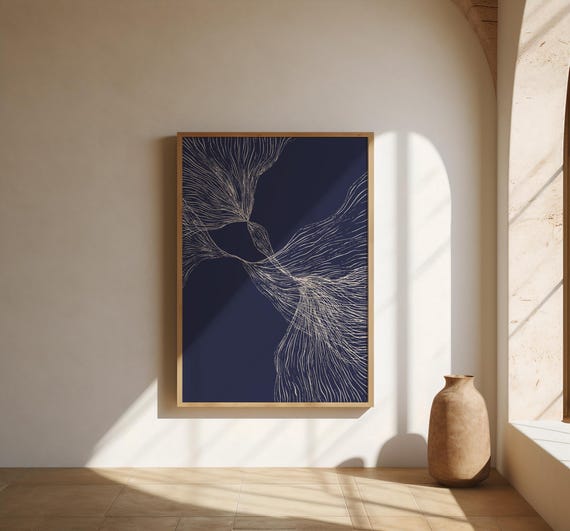 Flowing Line Wall Art | Navy and Cream Abstract – Fine Art Poster Print