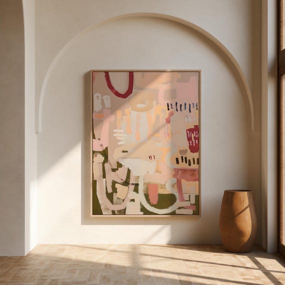 Crimson Arc Abstract Wall Art | Blush and Sand – Framed Canvas Print