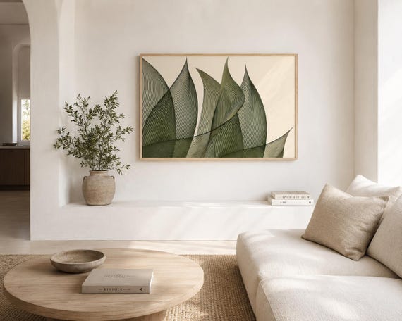 Horizontal Botanical Leaf Wall Art | Olive Green Line – Fine Art Poster Print