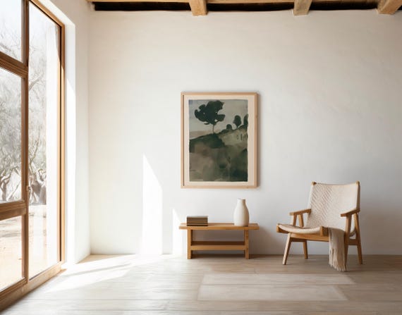 Watercolor Tree Landscape Print | Moody Olive Green Nature Wall Art (Digital Download)