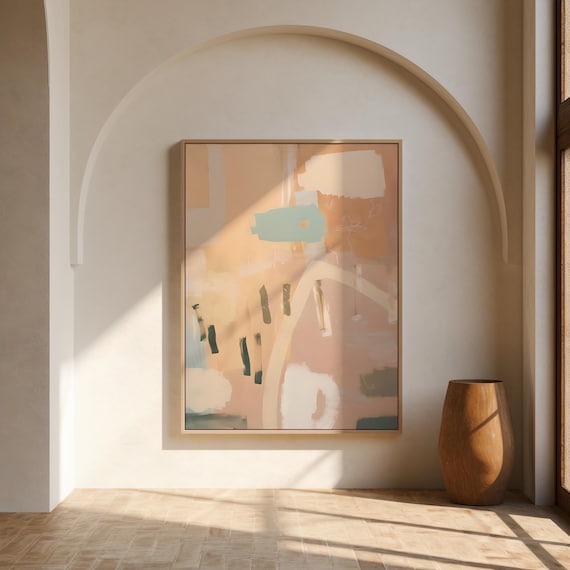 Peach and Neutral Abstract Wall Art | Teal Cream Layered Shapes – Canvas & Framed Canvas Print