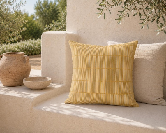 Mustard Stripe Outdoor Pillow Yellow Cream Grid – UV Resistant Patio Cushion