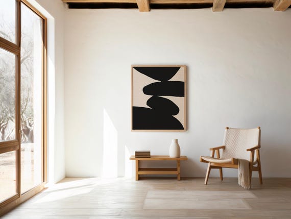 Modern Abstract Black and Beige Wall Art Print – Minimalist Neutral Shapes, Digital Download