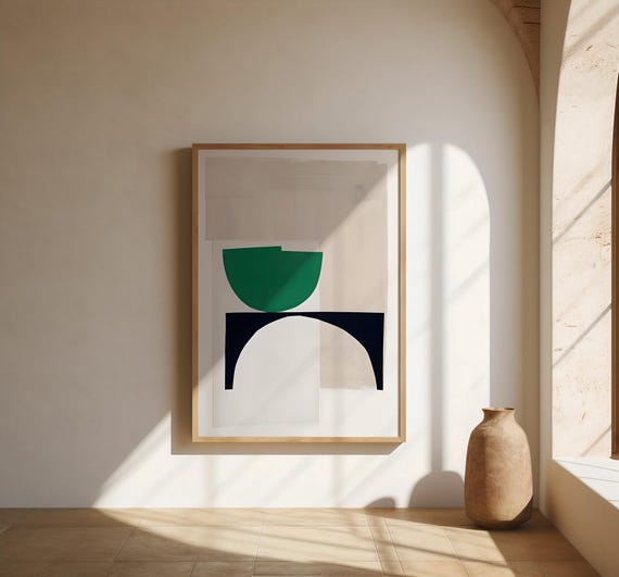 Abstract Geometric Wall Art | Green Neutral Modern Shapes | Fine Art Poster (Frame not included)