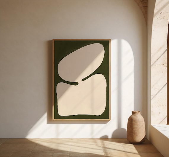 Olive Green Organic Shapes Wall Art | Cream Abstract Modern – Poster Print