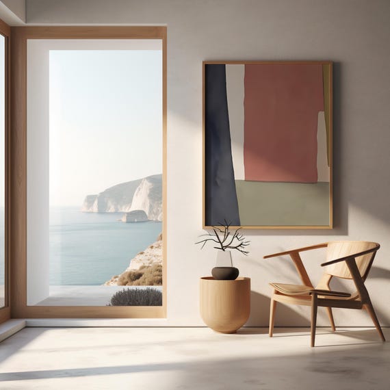 Framed Poster: Modern Geometric Clay Pink & Navy Abstract Art · Neutral Minimal Wall Decor