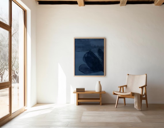 Deep Navy Blue Abstract Botanical Wall Art – Digital Download