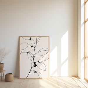 Impresión botánica minimalista: dibujo de hojas en blanco y negro (descarga digital)