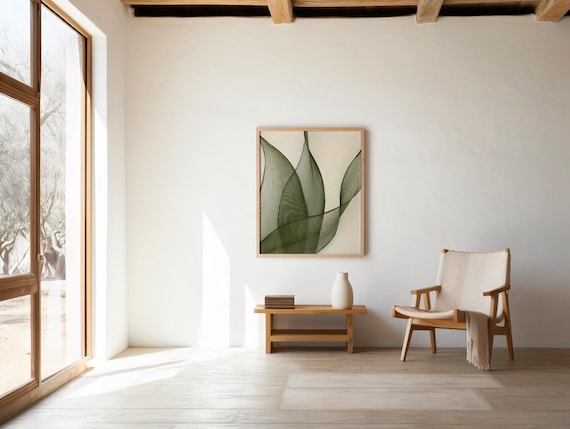 Minimalist Botanical Line Art Print: Green Leaf Abstract (Digital Download)