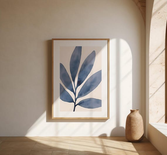 Blue Botanical Wall Art | Minimal Leaf Print | Fine Art Poster