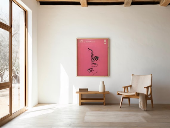 Vintage Pink Saxophone Print | Mid Century Modern Jazz Art (Digital Download)