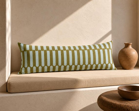 Olive Stripe Grid Body Pillow, Hand-Painted Geometric Lumbar Pillow | Modern Minimalist