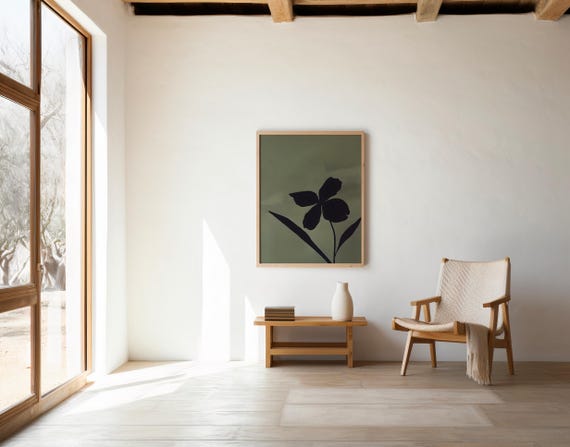 Dark Floral Silhouette Print | Moody Olive Green Botanical Wall Art (Digital Download)