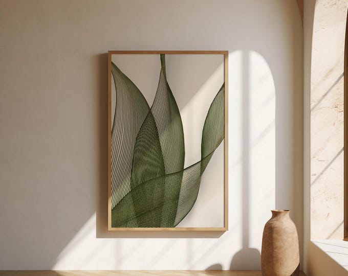 Featured listing image: Minimalist Botanical Line Art Print: Green Leaf Abstract (Digital Download)
