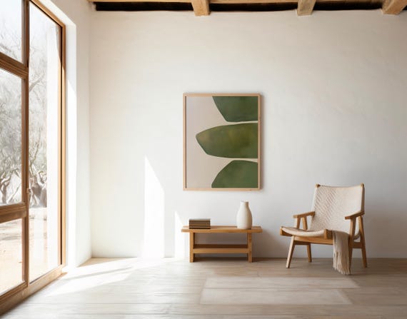 Digital Download: Minimalist Green Abstract Art Print · Japandi Botanical Inspired Decor · Neutral Printable Artwork