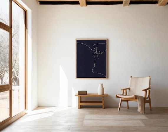 Navy Minimalist Line Art Print | Modern Abstract Wall Decor | Digital Download