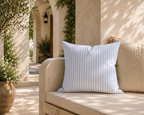 Powder Blue Stripe Outdoor Pillow | White Cabana Pattern – UV Resistant Patio Cushion
