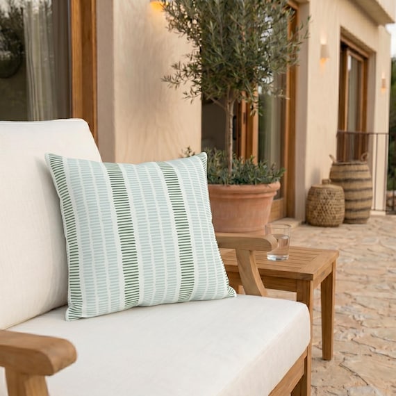 Sage Green Mint Outdoor Pillow | Dash Stripe Pattern – UV Resistant Patio Cushion