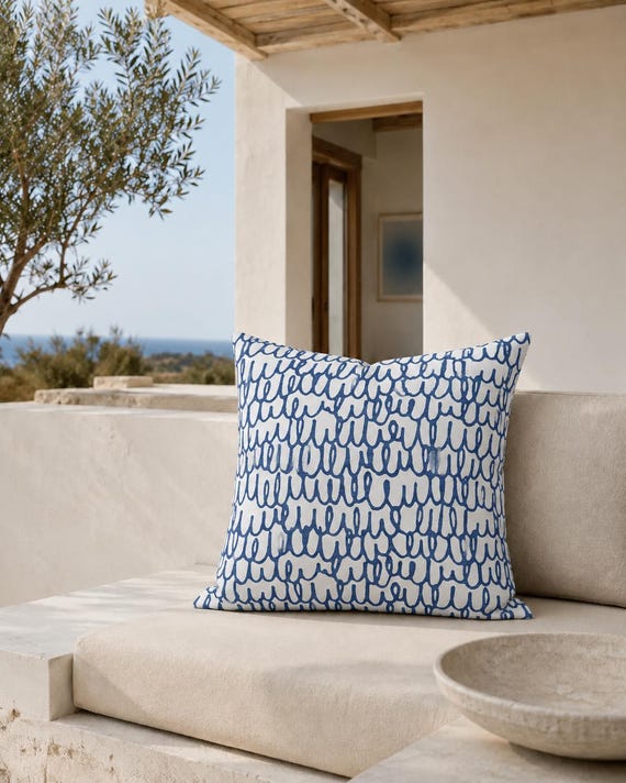Blue and White Squiggle Outdoor Pillow | Loop Pattern – UV Resistant Patio Cushion