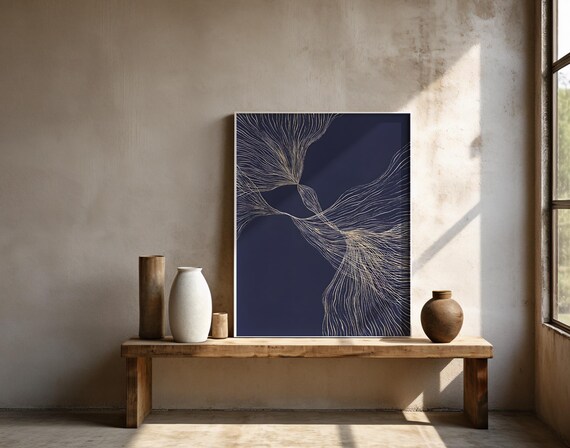 Navy Abstract Line Flow Art | Modern Minimal Movement | Framed Poster