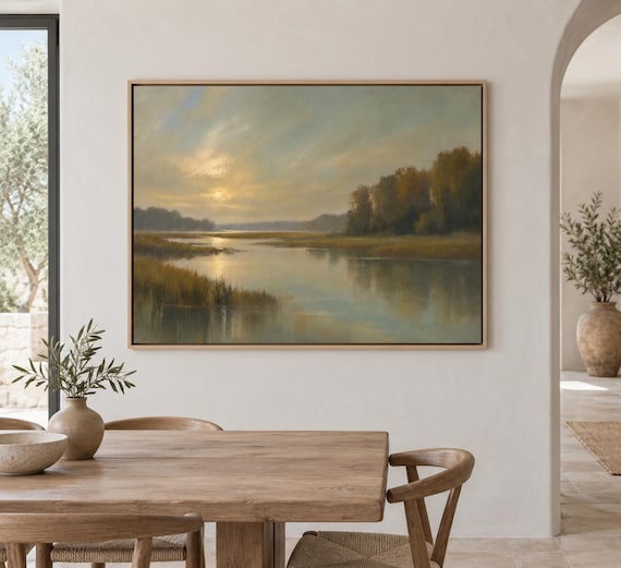 Serene Marsh Landscape Wall Art | Sage Green Nature – Framed Canvas Print