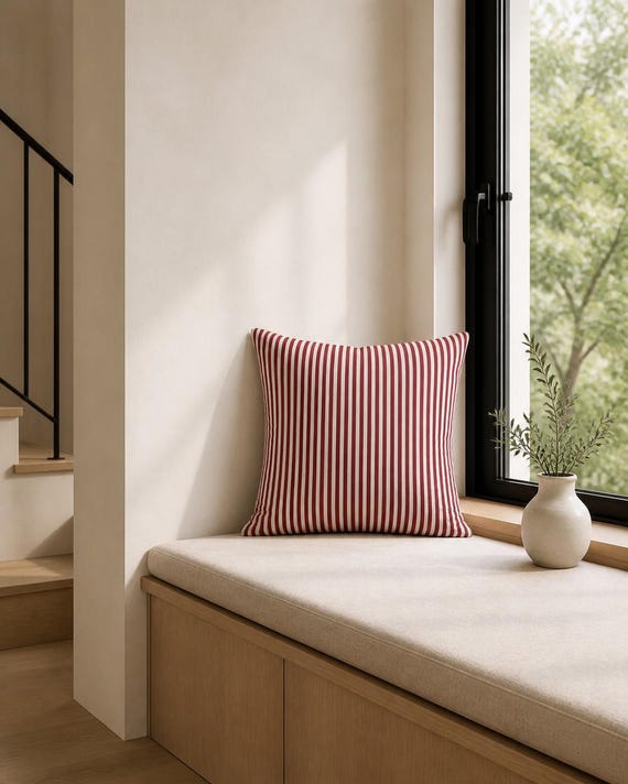 Red and White Stripe Outdoor Pillow | Classic Cabana Pattern – UV Resistant Patio Cushion