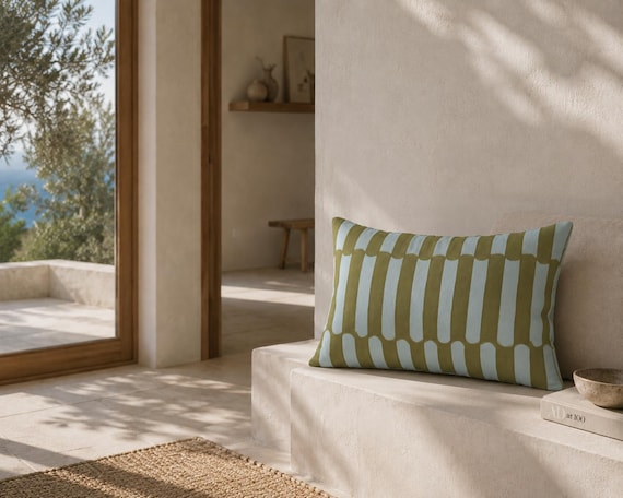 Olive Green Lumbar Pillow | Brushstroke Stripe – Indoor Decorative Cushion