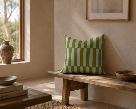 Olive Green Stripe Throw Pillow | Dusty Blue Arch Pattern – Decorative Accent with Insert