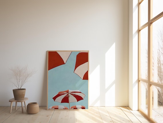 Colorful Beach Umbrellas Illustration, Summer Coastal Wall Art (Digital Download)