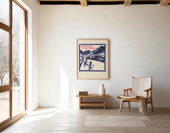 Vintage Ski Christmas Art Print · Retro Season’s Greetings Poster (Digital Download)