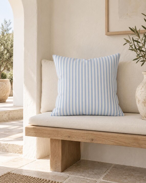 Light Blue Striped Outdoor Pillow | Blue & White Stripe – UV Resistant Patio Cushion