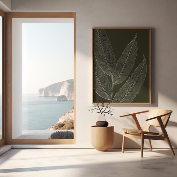 Green Botanical Line Art Print – Minimalist Leaf Wall Art – Frame not included