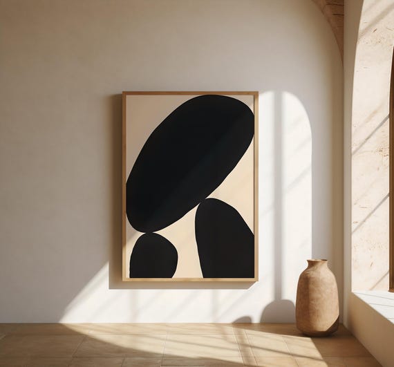 Bold Black Abstract with Soft Neutral Ground – Fine Art Poster
