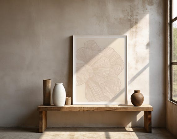 Minimalist Botanical Line Art Poster: Beige Floral Print (Unframed)