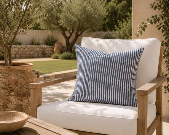 Dusty Blue Stripe Outdoor Throw Pillow | Blue and Cream Print - UV Resistant Patio Cushion