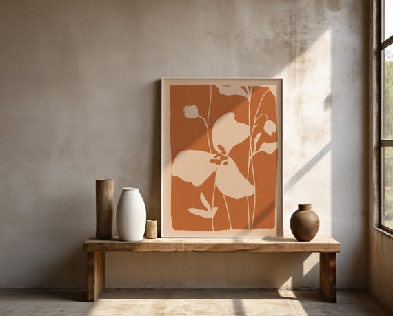 Terracotta Wall Art | Poppy Flower Silhouette – Framed Poster | Ready to Hang