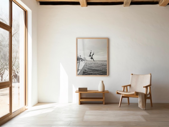 Monochrome Yacht Jump: Girls' Sailing Adventure - Digital Download Wall Art Print