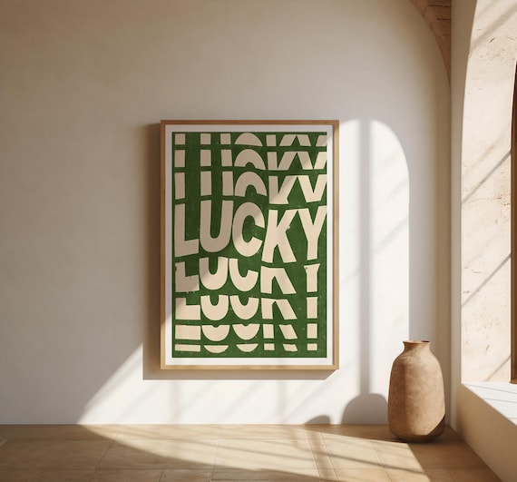 Lucky Giclee Print: Retro Green Abstract Typography, Positive Affirmation (Frame not included)