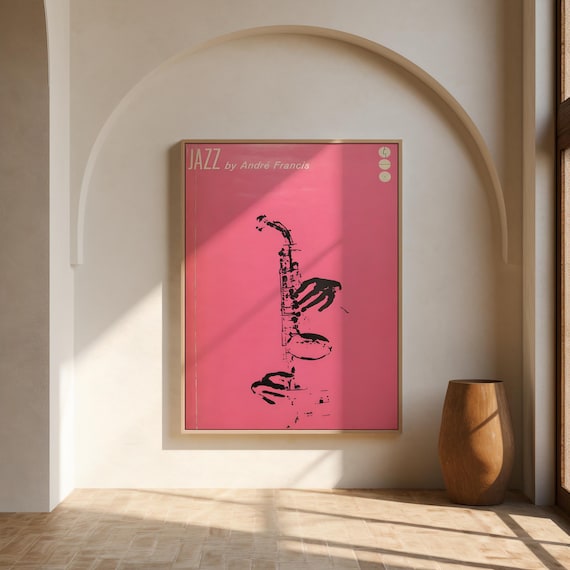 Pink Jazz Poster – Mid-Century Saxophone Silhouette Art Print (Unframed)