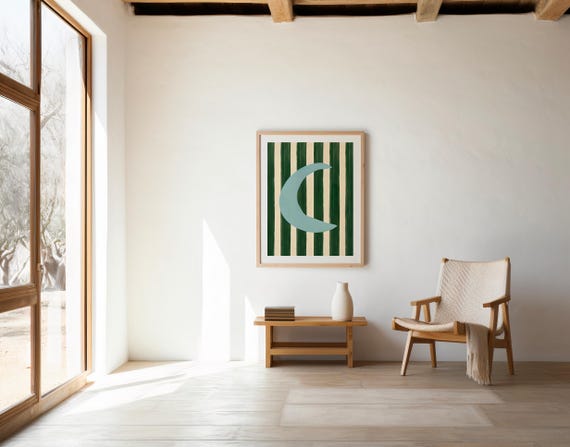 Green Stripe Nursery Wall Art | Crescent Moon Printable | Digital Download