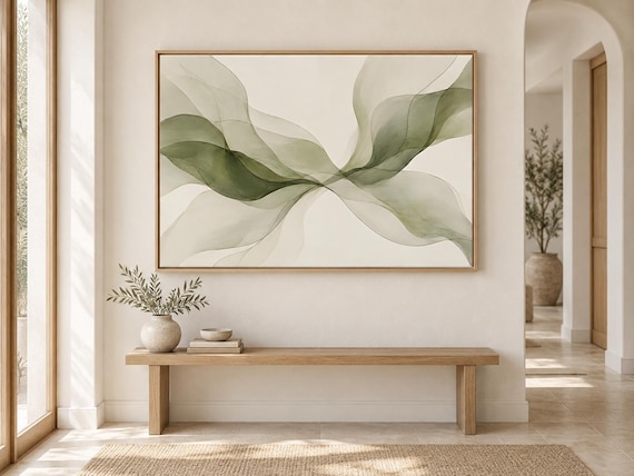 Flowing Green Wave Wall Art | Olive Organic Abstract – Framed Canvas Print