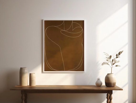 Modern Abstract Line Art Print: Brown & White Minimalist Wall Decor (Unframed)