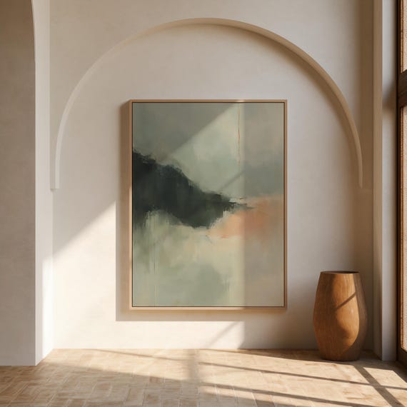 Sage Green Abstract Wall Art | Moody Olive & Peach – Framed Canvas Print